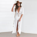 Bikini Cover Up Beach Long Maxi Dress Women Beach Cover Up Tunic Pareo White V Neck Dress Robe Swimwear Bathing Suit Beachwear