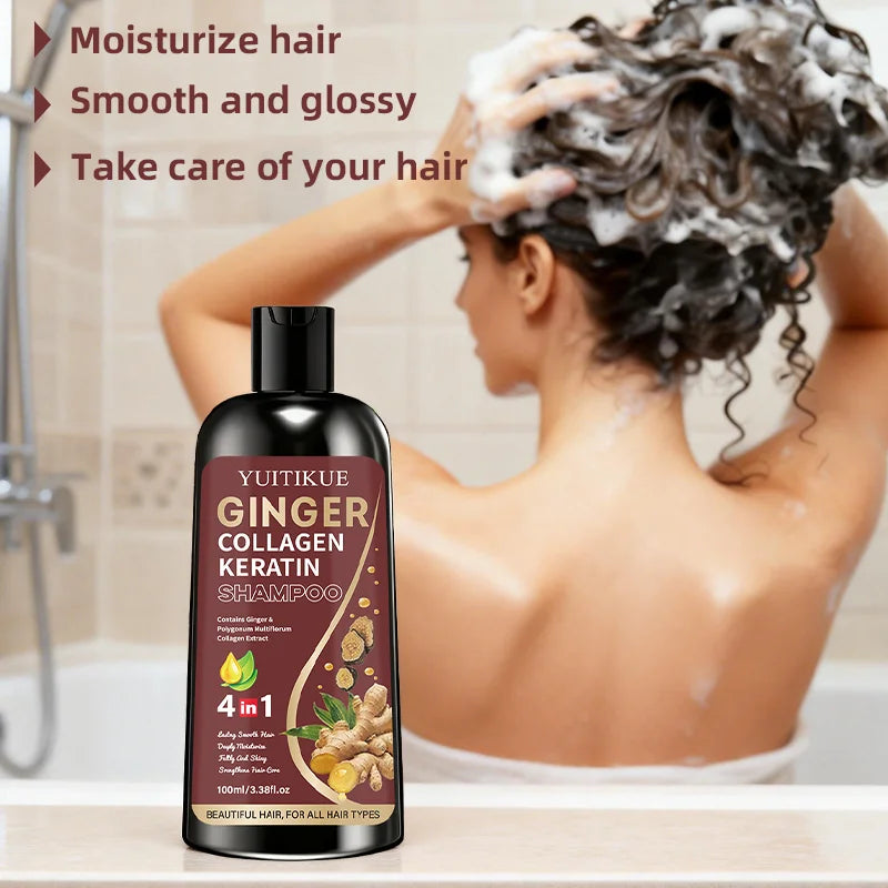 YUITIKUE 4-in-1 Ginger Collagen Keratin Shampoo 100ml with Polygonum Multiflorum for All Hair Types