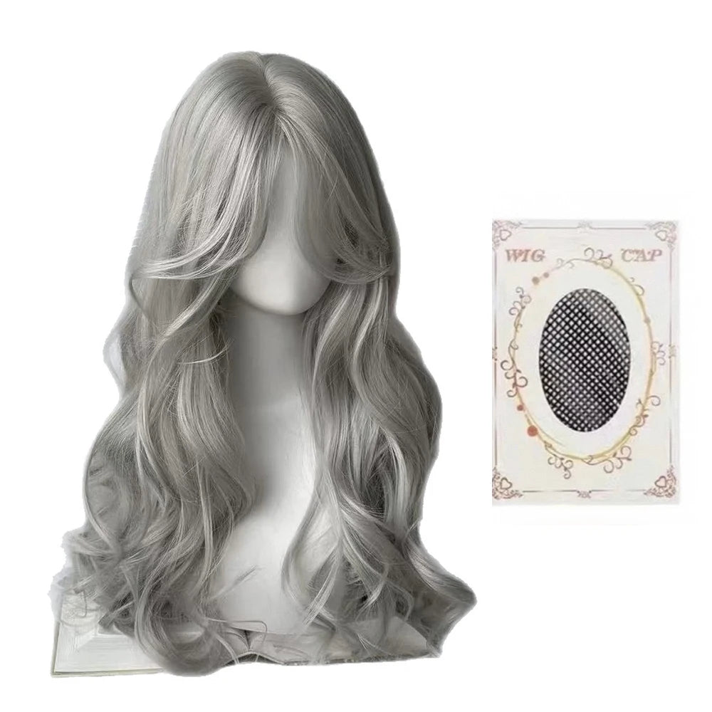Pink Wavy Synthetic Wig with Bangs Natural Long Curly Hair Cosplay Lolita  Layered Wig for Women Daily Use Wig Heat Resistant
