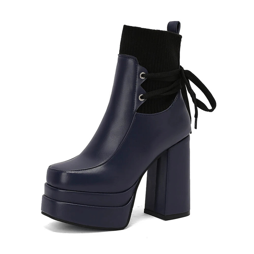 Botas De Mujer Spring Autumn Short Boots Womenthick High Heels Dress Round Head Goth Platform Boots Plus Size 34-50 338-35