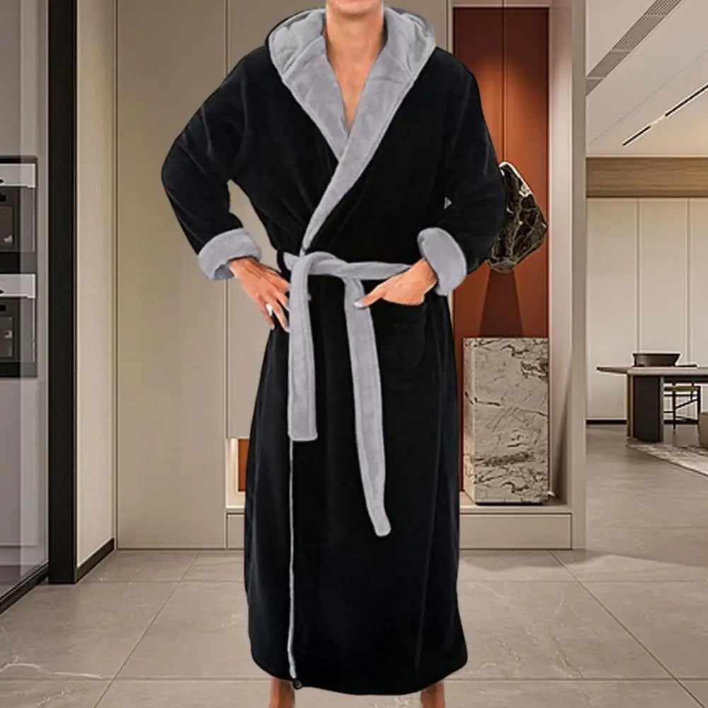 Plush Bathrobe Luxurious Men's Hooded Bathrobe with Adjustable Belt Ultra Soft Absorbent Male Robe with Pockets Plush Solid