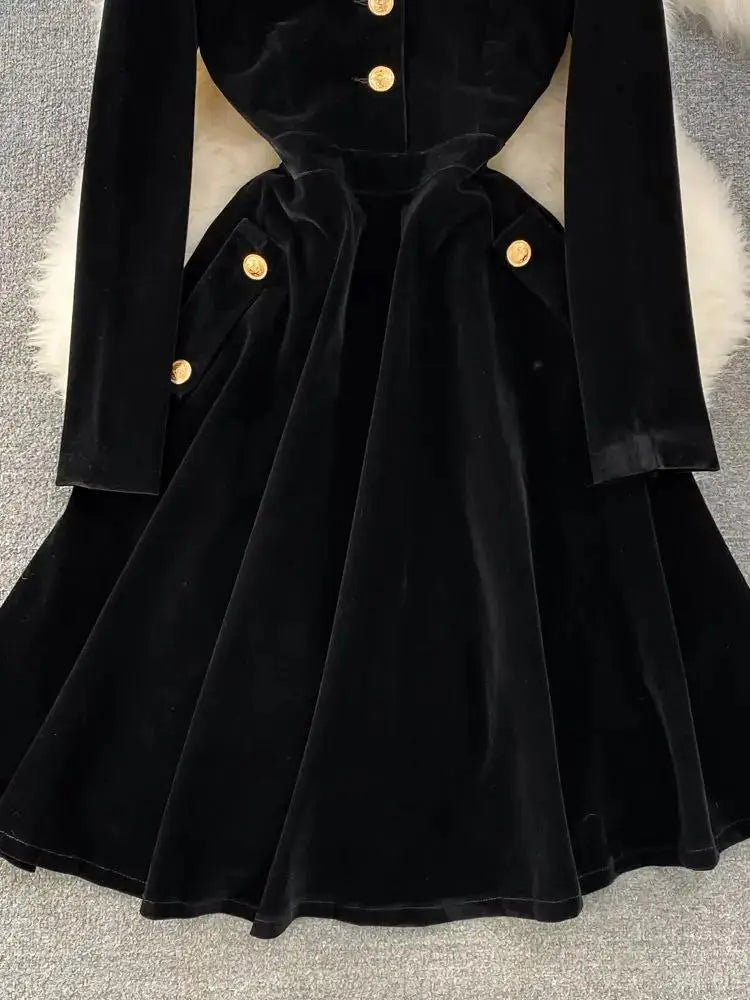 Elegant Black Velvet Dress Autumn Winter Thick Clothing Women Vintage Long Sleeves Metal Single Breasted Pocket Ladies Vestidos