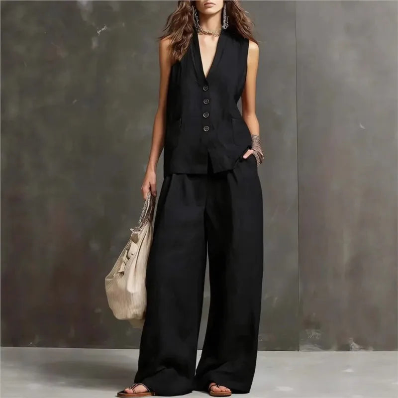 Women's Fashion Solid Linen Cotton Casual Two Piece Sets Summer V-neck Single-breasted Vest Top And Wide-leg Trousers Outfits