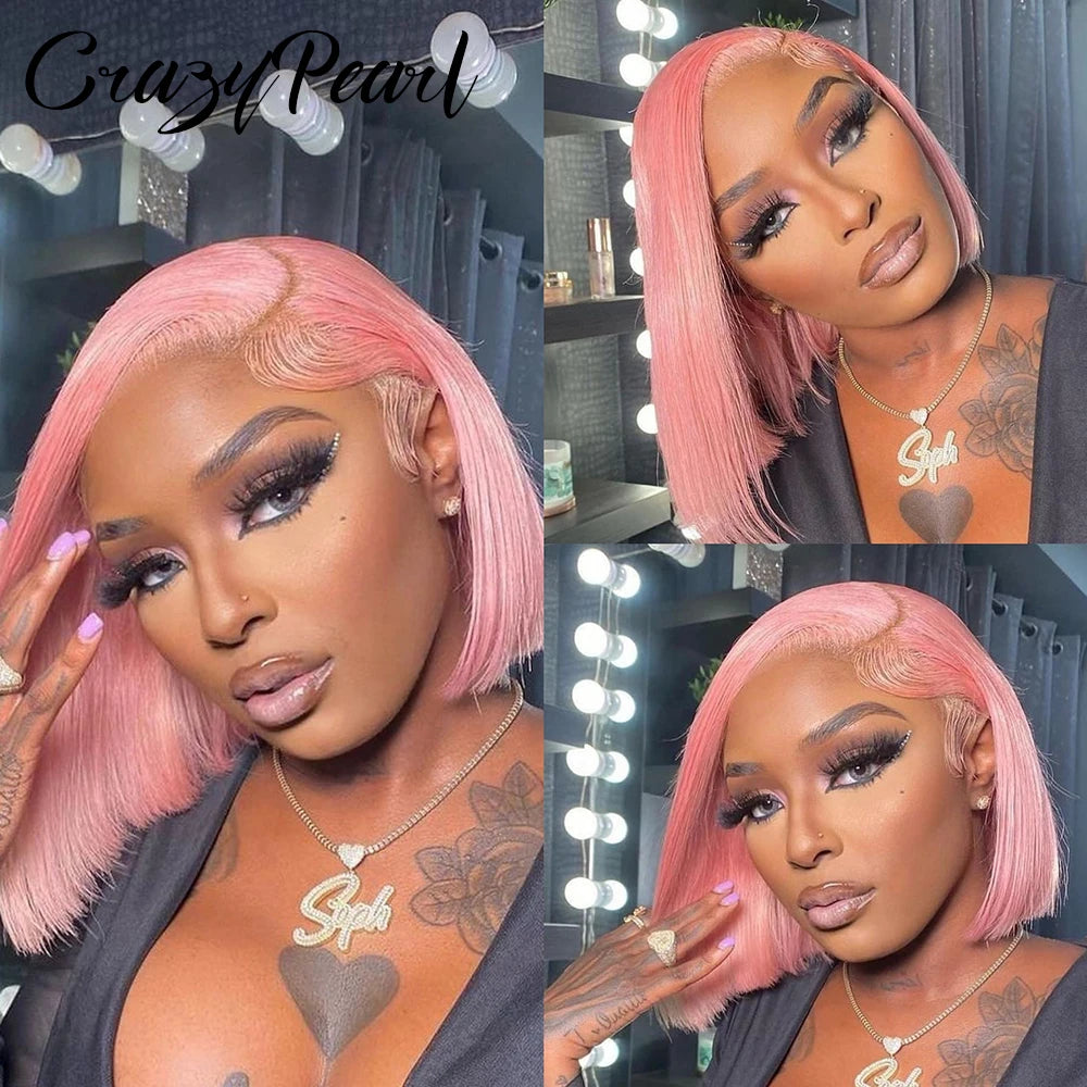 CrazyPearl Rose Pink Short Colored Bob Human Hair Wigs 13X4 Straight Bob Wig Human Hair Lace Front Wigs 10Inch-14Inch