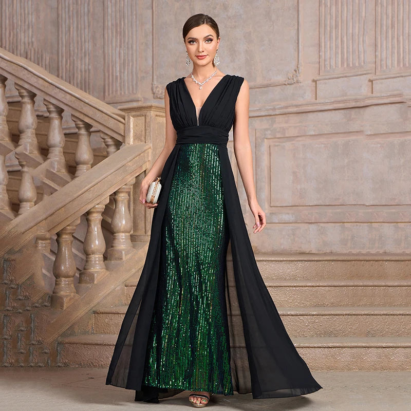 Summer Luxury Banquet Party Dresses for Women Fashion Sexy Deep V Neck Sleeveless Splicing Sequin High Waist Slim Long Dress
