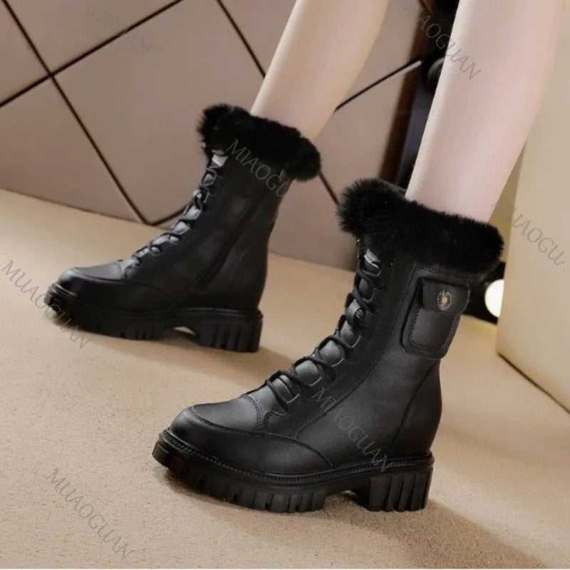 Winter Women's Retro Chunky Snow Boots Fur Platform High Heels Shoes for Women Solid Belt Buckle Warm Furry Cotton Short Botas
