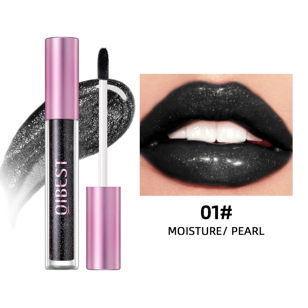 QIBEST Glitter Pearlescent Lipgloss Moisturizing Lasting Non-Stick Cup Shimmer Shiny Liquid Lipsticks Black Purple Lip Tint