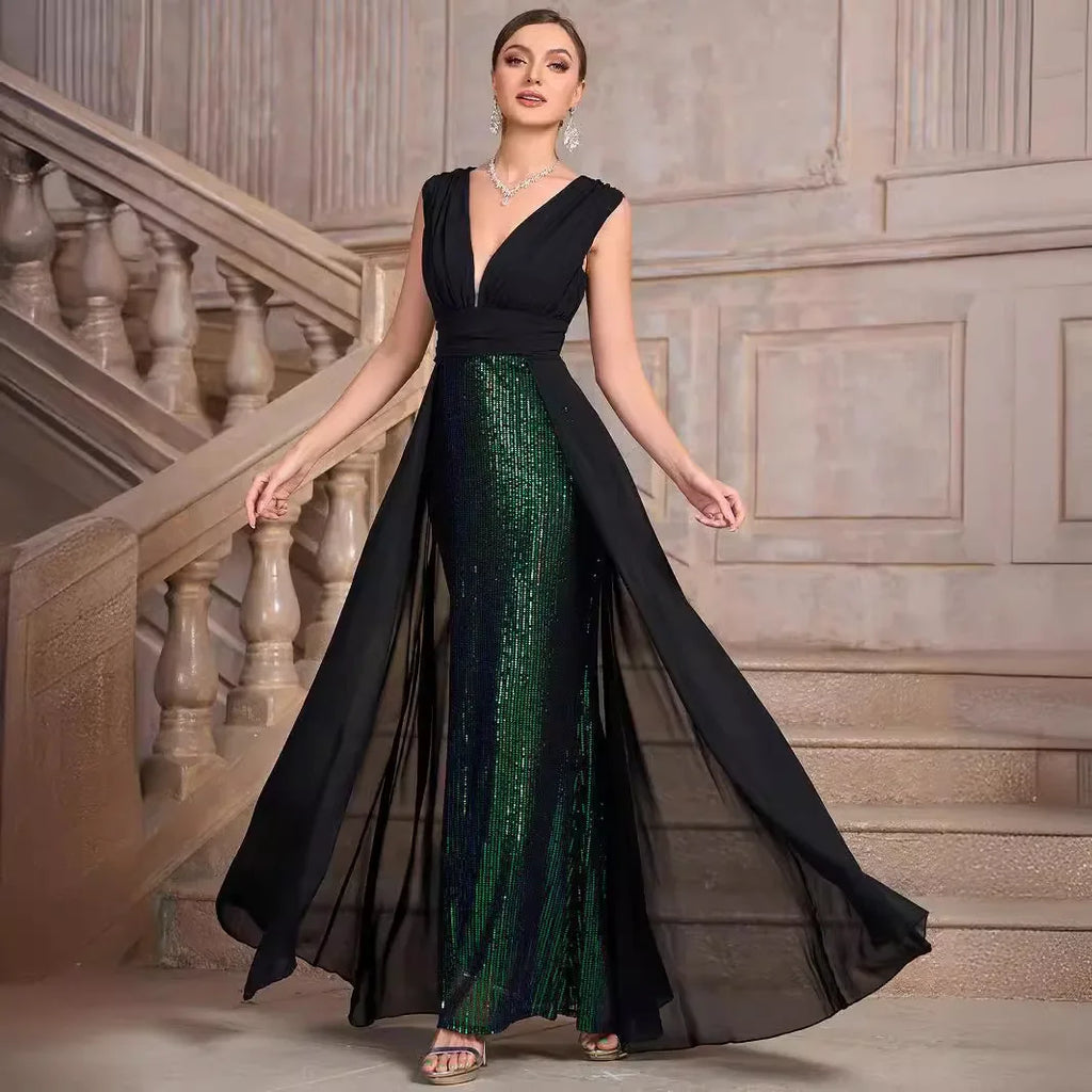 Summer Luxury Banquet Party Dresses for Women Fashion Sexy Deep V Neck Sleeveless Splicing Sequin High Waist Slim Long Dress