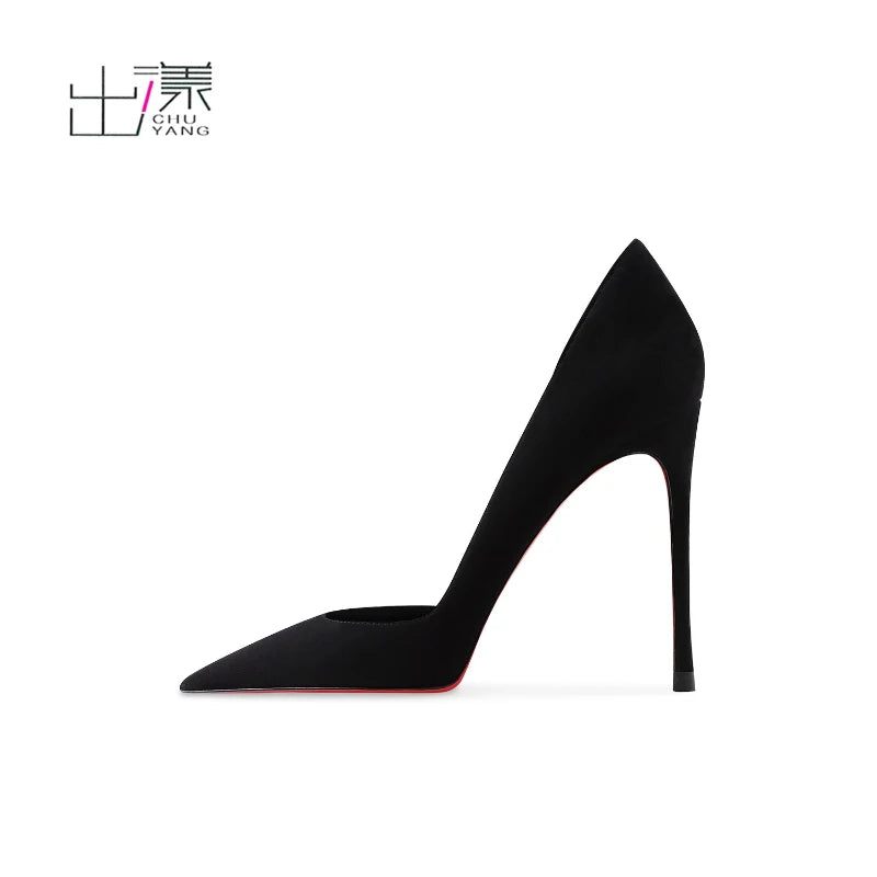 2025 suede black pointed high heels for women with slim heels and side clearance design, versatile and non tiring single shoes