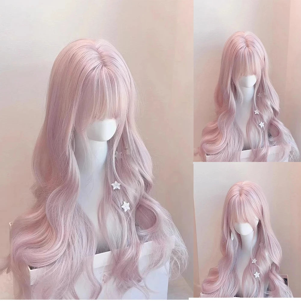Pink Wavy Synthetic Wig with Bangs Natural Long Curly Hair Cosplay Lolita  Layered Wig for Women Daily Use Wig Heat Resistant