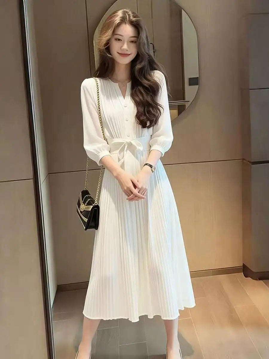 Temperament White Chiffon Dress Women 2026 Spring Summer New Fashion Vestidos Unique Beautiful Elegant Simple Ladies Dresses