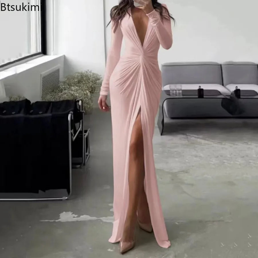 2026 Sexy Bodycon Dresses for Women Slim Fit Deep V-neck Party Prom Evening Party Club Dress Hem Split Outfits Evening Vestidos