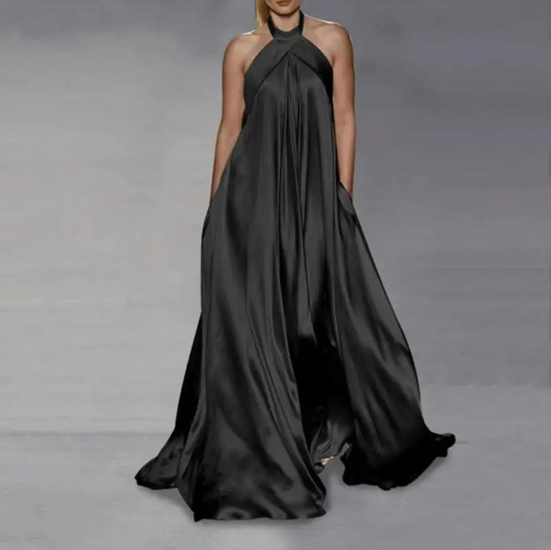 Women's Summer New Fashion Temperament Elegance Solid Color Dress Loose Hang Neck Sleeveless Big Swing Long Dress Vestidos Y2k