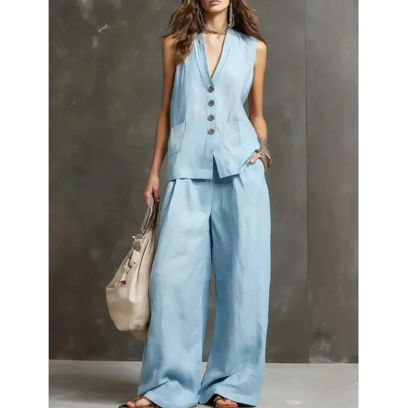 Women's Fashion Solid Linen Cotton Casual Two Piece Sets Summer V-neck Single-breasted Vest Top And Wide-leg Trousers Outfits