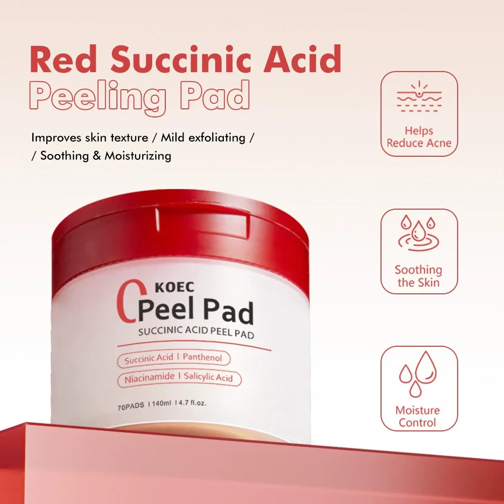 70PCs KOEC Zero Pore Succinic Acid Peel Pad Moisturizing Soothing Exfoliating Acne Care Salicylic Acid Niacinamide Panthenol