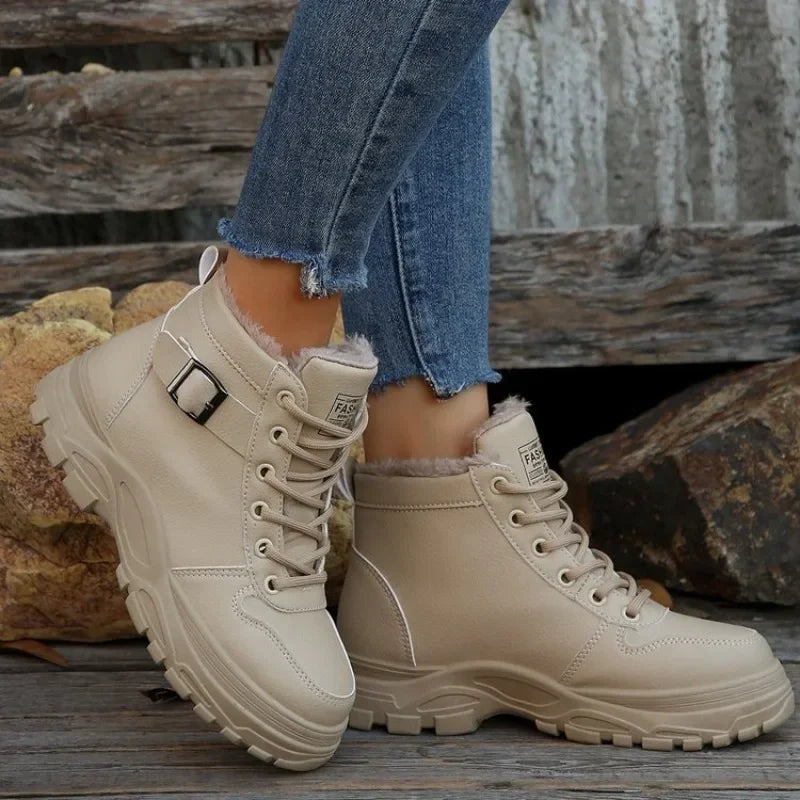Womens Fashion Winter Snow Boots Warm Fleece Lined Lace Up Chunky Platform Ankle Booties Side Buckle Comfort Daily Walking Shoes