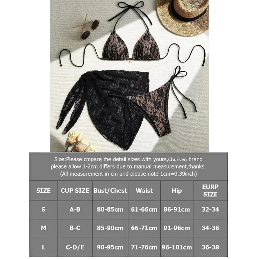 3Pcs/Set Fashion Summer Lace Bikinis Brazilian Party Swimwear Casual Beachwear Women Swimsuit Beach