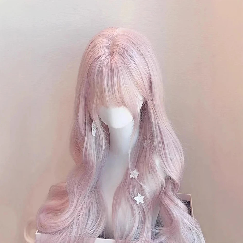 Pink Wavy Synthetic Wig with Bangs Natural Long Curly Hair Cosplay Lolita  Layered Wig for Women Daily Use Wig Heat Resistant