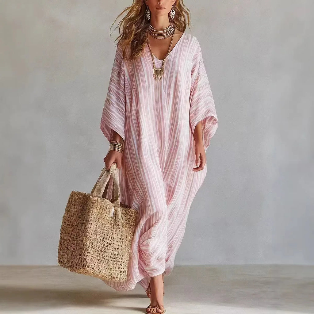 Women Dresses Striped Vestidos Summer New Fashion V Neck quarter sleeves Splice Party Trendy Dress Loose Casual Dresses Female