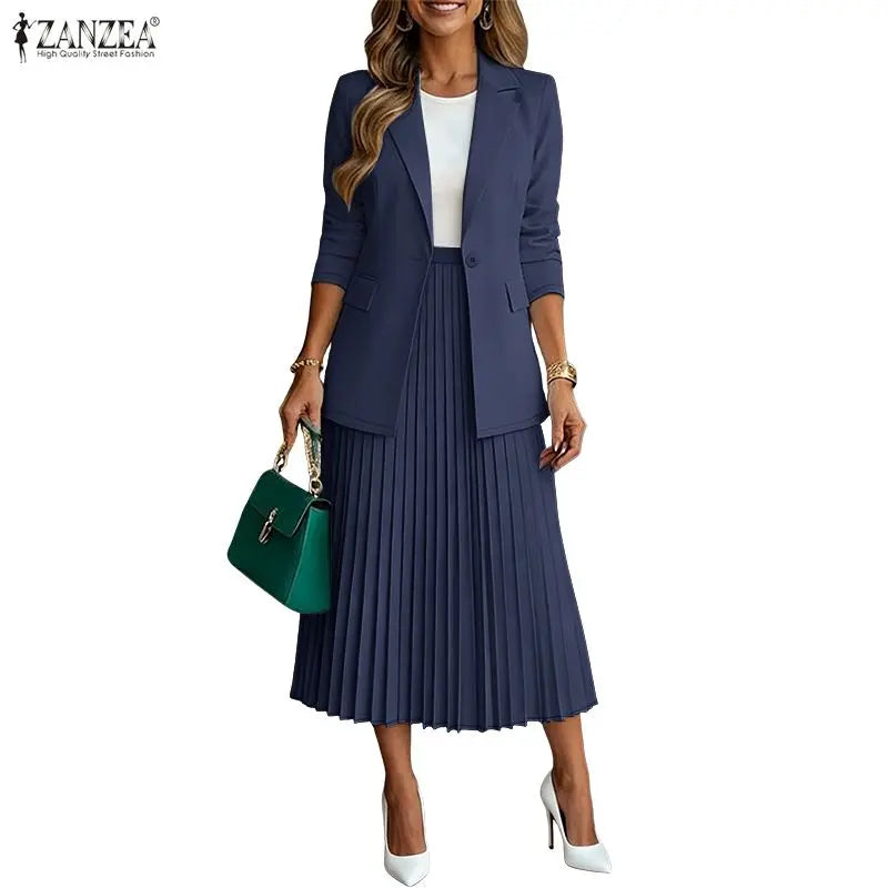 Women's Elegant Office Wear Skirt Suits Long Sleeve Blazer & A-Line Pleated Skirt 2 Pieces Sets ZANZEA Fashion Skirt Sets Outfit