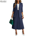 Women's Elegant Office Wear Skirt Suits Long Sleeve Blazer & A-Line Pleated Skirt 2 Pieces Sets ZANZEA Fashion Skirt Sets Outfit