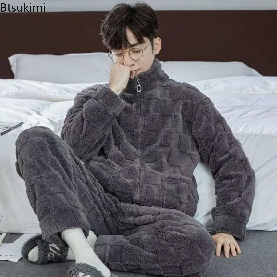 2025 Plaid Pajamas for Men Coral Fleece Sleepwear Sleeping Night Wear Zipper Pijama Two Piece Sets Autumn Winter Warm Home Suit