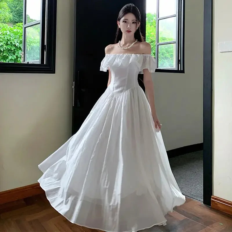 Summer White Beach Robe Long Dress For Women Slash Neck Short Sleeve Off The Shoulder Maxi Vestidos Elegant Evening Party Dress