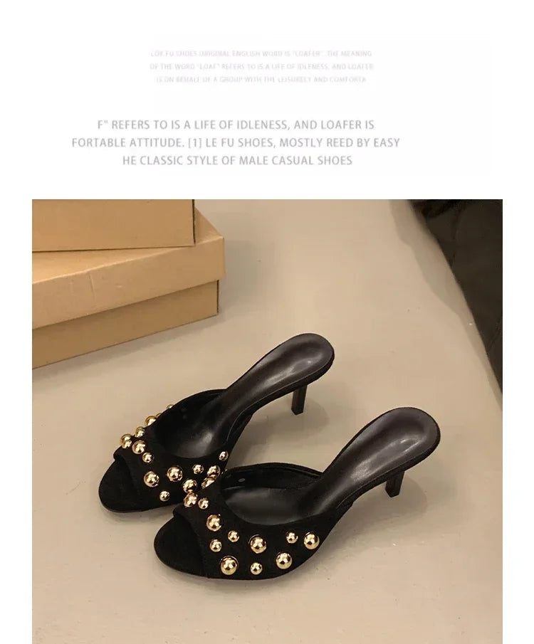 2026 Summer New Women's Shoes Black Velvet Effect Studded Backless One-foot Stiletto Sandals Women's High Heels Zapatos De Mujer