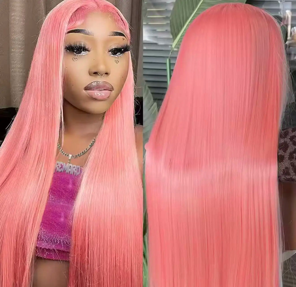 Pink Color Long Silky Straight 13X4X1 HD Full Lace Frontal Wigs For Black Women Preplucked With Baby Hair Daily Party Cosplay
