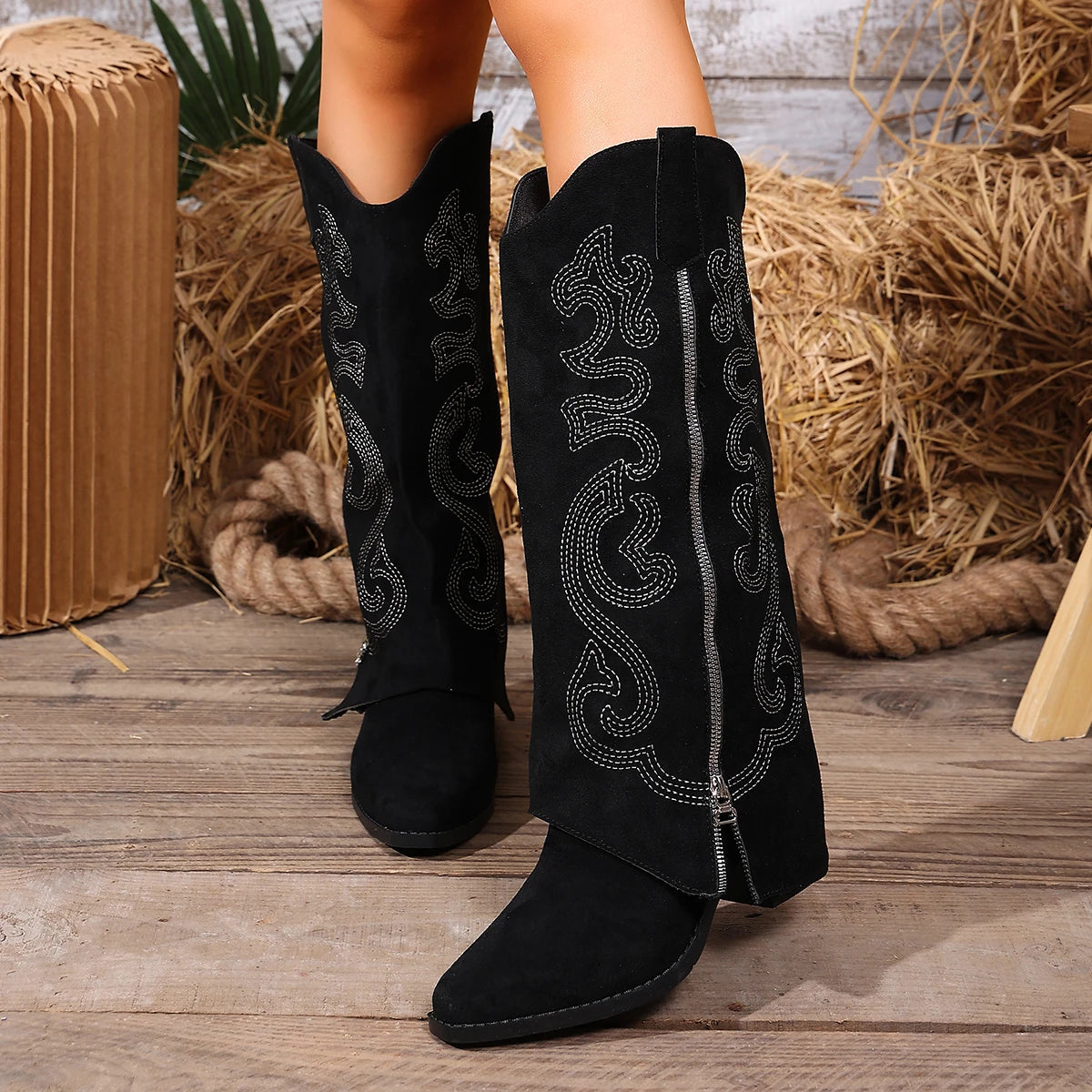 Embroidered Western Cowboy Boots for Women Autumn Pointed Toe Thick Heel High Knee Boots Woman Loose PU Leather Long Botas Mujer