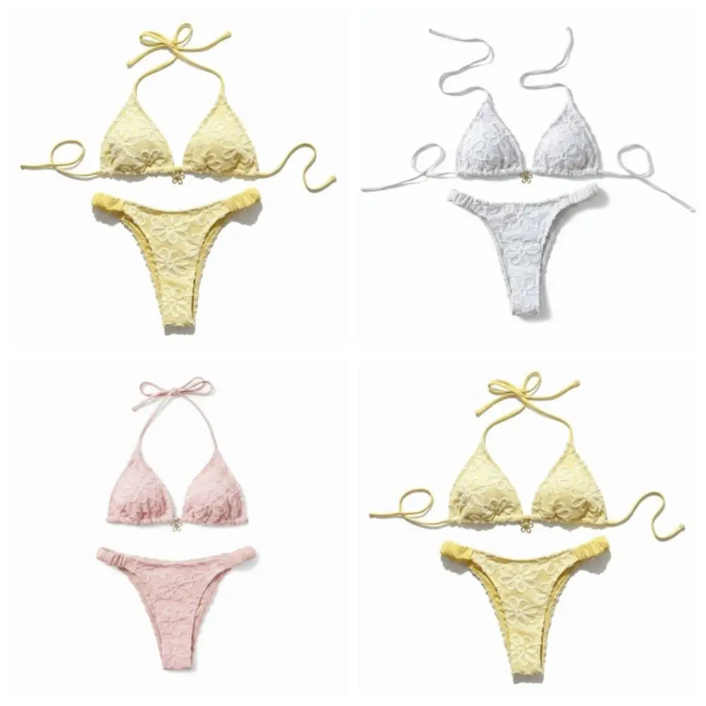 Bathing Suits Two-Piece Halter Bikini Set Deep V Flower Summer Beachwear Elegant Low Waist Women Swimsuits Beachwear