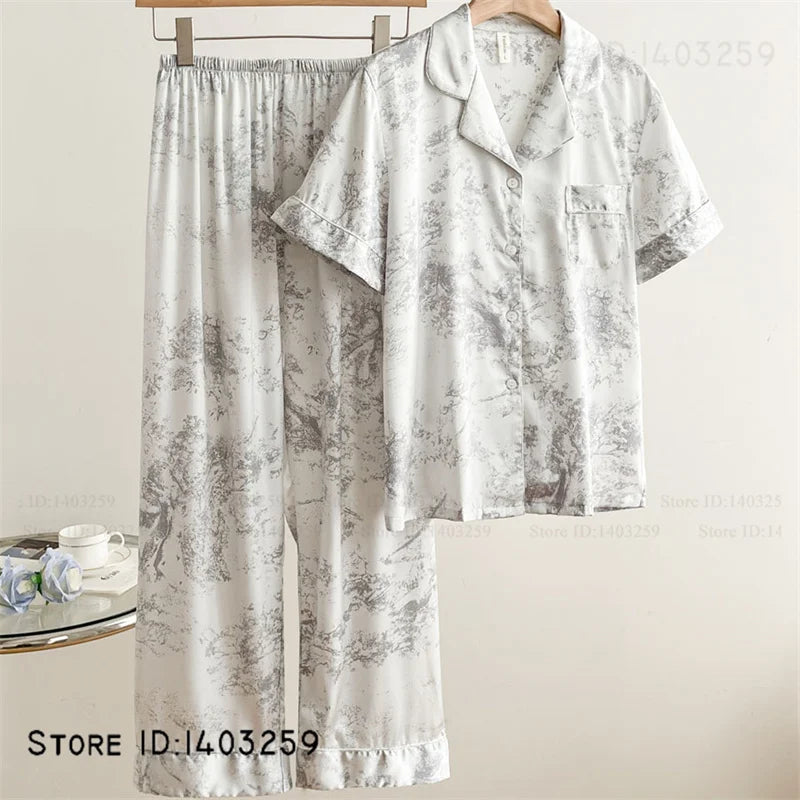 New Women Pijamas Silky Satin 2PCS Pajamas Set Sleepwear Spring Autumn Trouser Lounge Wear Loose Casual Female Homewear Lingerie