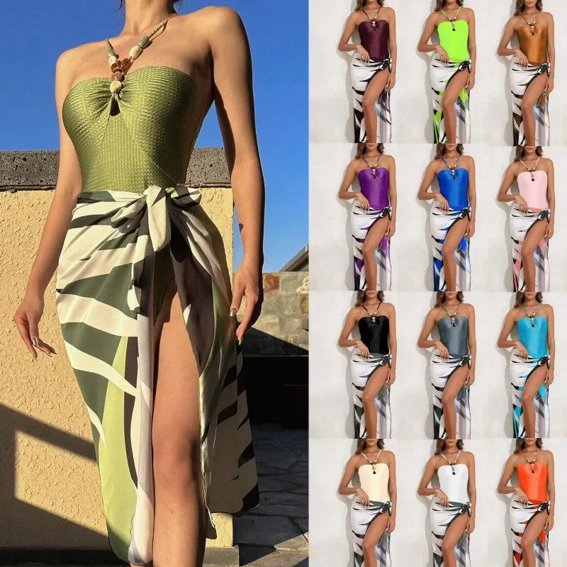 2026 New Women's One-Piece Swimsuit Bead Print Beachwear Slimming Sexy Sun Protection Skirt Bikini Set Fashionable And Elegant