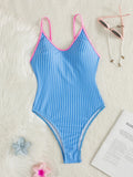 Women's Blue Striped One-Piece Swimsuit Contrast Pink Trim V Neck Spaghetti Strap High Cut Bathing Suit for Beach Pool Vacation