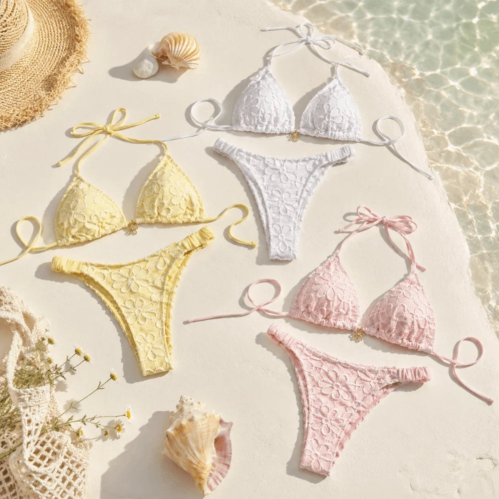 Bathing Suits Two-Piece Halter Bikini Set Deep V Low Waist Ladies' Swimwear Lace-up Flower Summer Beachwear Women