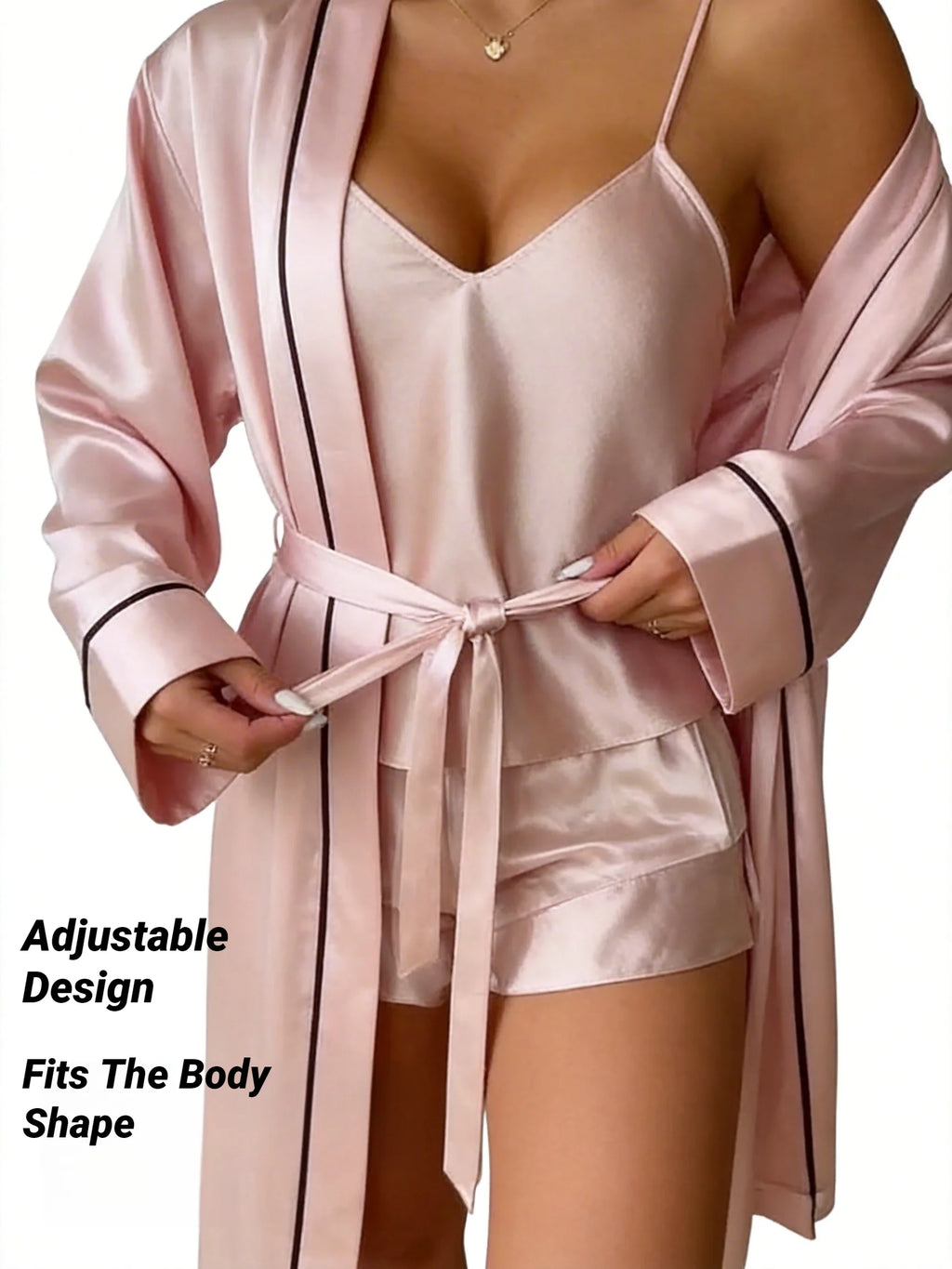 Simple Satin Pajama Set Long Sleeve Belted Robe V Neck Cami Top And Shorts Women's Sleepwear