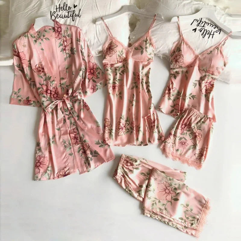 2026 Pajamas for Women Summer Sexy Pajamas Five-piece Set Suspender Pajamas for Women Home Wear with Chest Pad Bathrobe