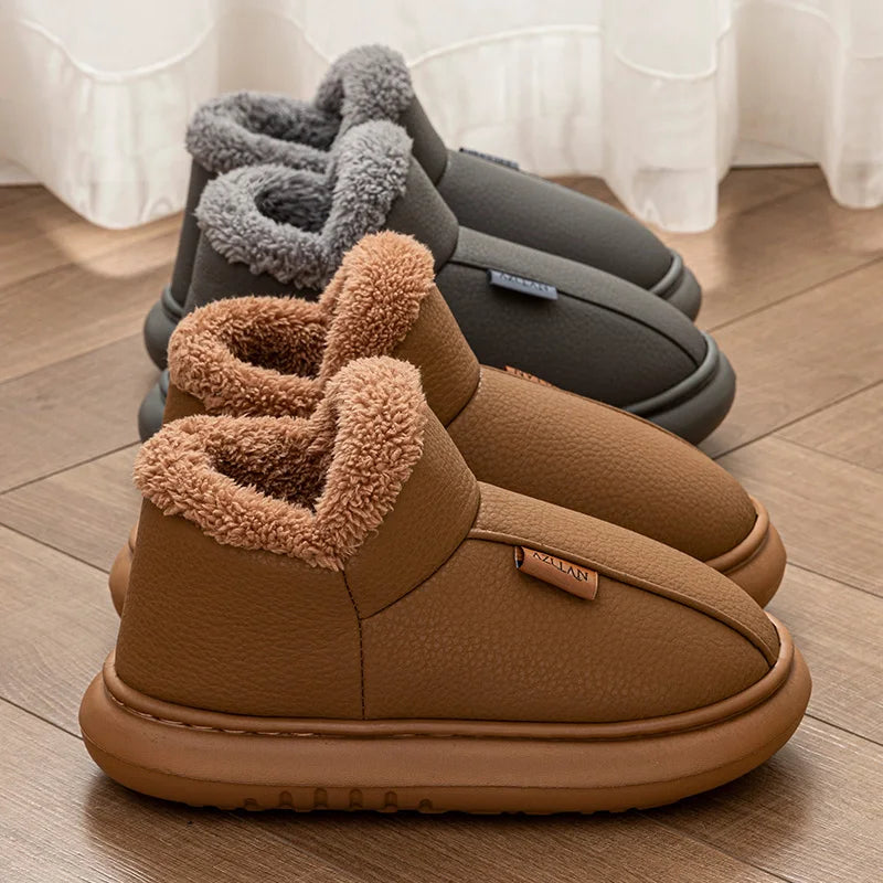 Warm Winter Snow Boots For Men Women PU Leather Waterproof House Slippers Thick Sole Fleece Lined Indoor Outdoor Couple Booties