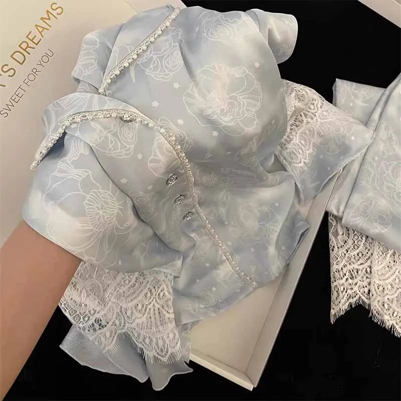Silk Two-Piece Ladies Set Pijama Autumn Floral Long Sleeve Button Up Top & Pants Sleepwear Woman Nightwear Sexy Pajamas Set