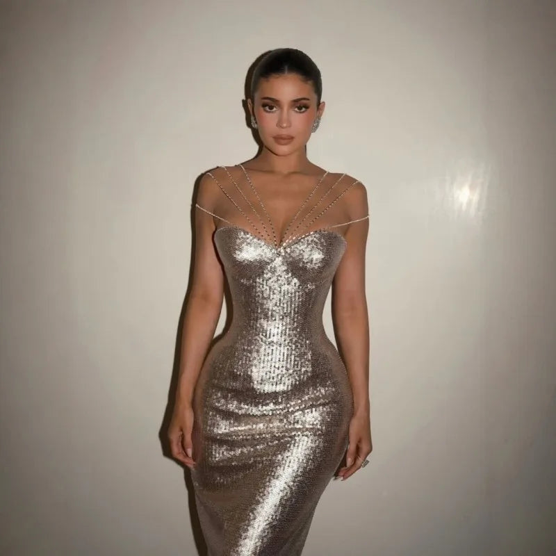 Women's Party Dress, High-End Design, Beaded Strap, Sequin Dress, Sexy and Attractive Slim Bodycon Dress, Summer Evening Gown