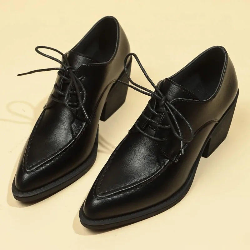 Coarse Heel Shoes Spring New Pointed Head Deep Mouth Front Lacing Set Foot Anti-slip Wear-resistant Heel Shoes