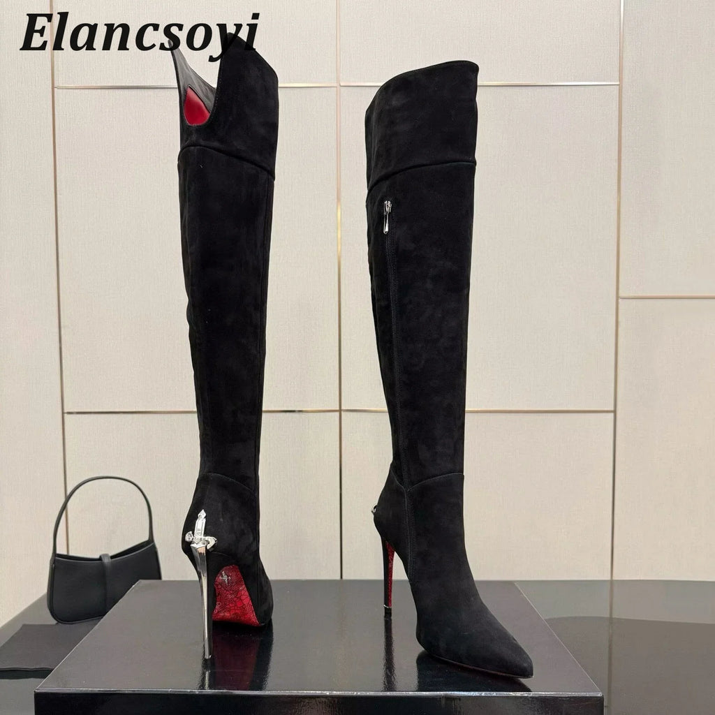 Runway Botas Sexy Black Suede Leather Knee-High Boots Super High Heels Women Autumn Winter Pointed Toe Strange Heels Long Boots