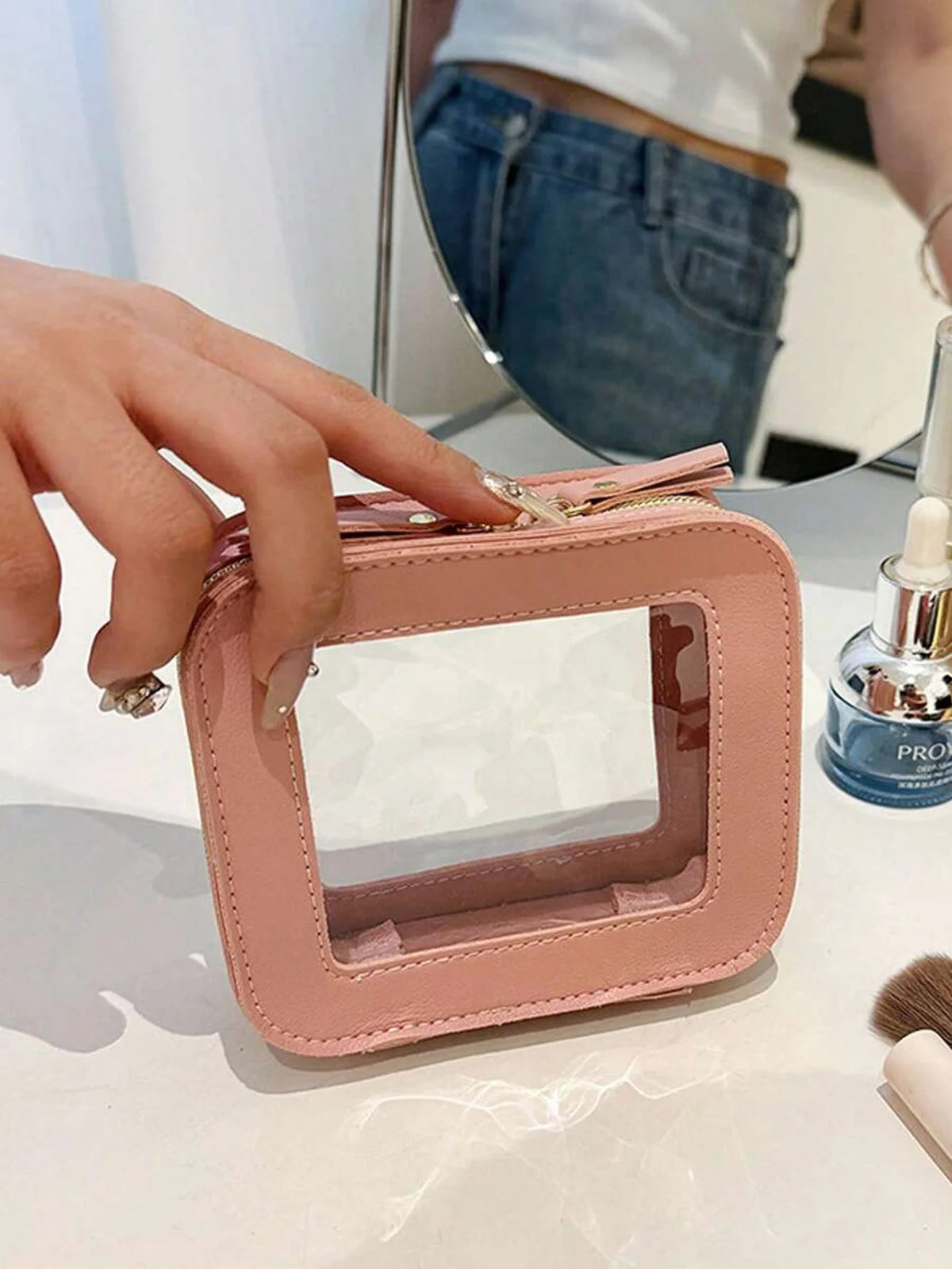 1 piece mini makeup bag - women's small makeup bag, waterproof travel toiletry bag, transparent console organizer bag with transparent window and gold zipper, lunch bag, travel bag, women's bag, small makeup bag/small makeup