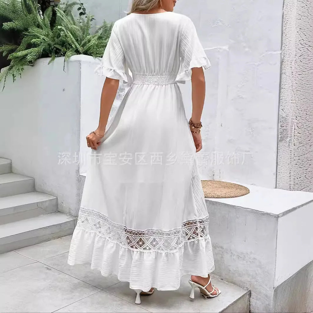 White Long Dress Women Dresses A Line Vestidos V Neck Short Sleeve Elegant Splice Y2k Temperament High Waist Solid 2025 Summer