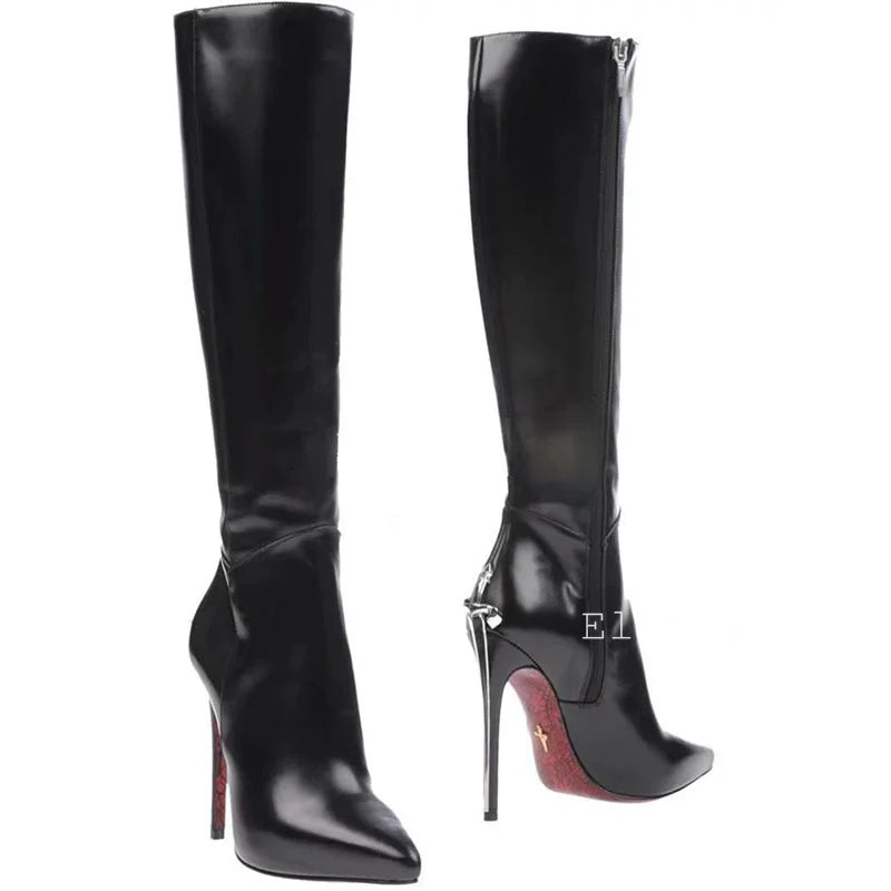 Runway Botas Sexy Black Suede Leather Knee-High Boots Super High Heels Women Autumn Winter Pointed Toe Strange Heels Long Boots