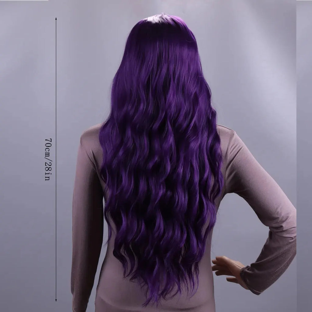 Long Purple Wig for Women 28" Long Lavender Purple Wig With Bangs Curly Wavy Natural Cute Soft Wig for Costume Braids Anime