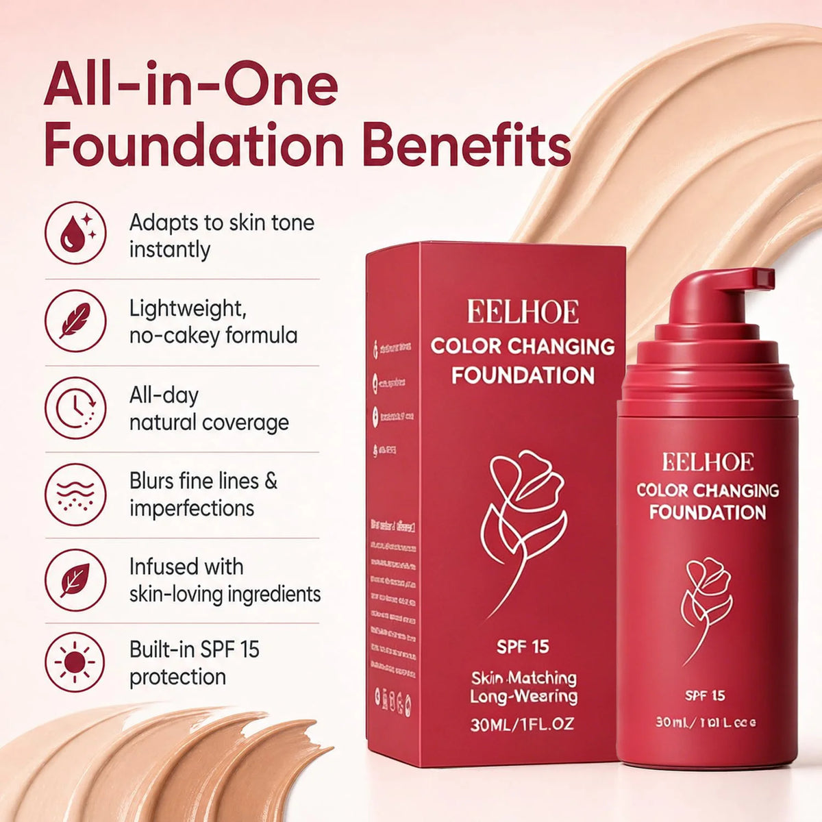 Korean Color Changing Foundation for Mature Skin SPF 15 Hydrating Liquid Concealer for Fine Lines & Wrinkles Dewy Natural Finish