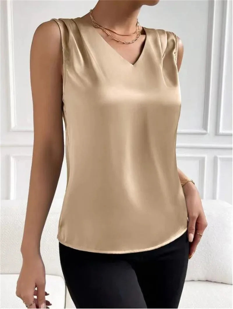 Women's vest elegant temperament V-neck vest summer vacation simple solid color fashion all-matching sleeveless top