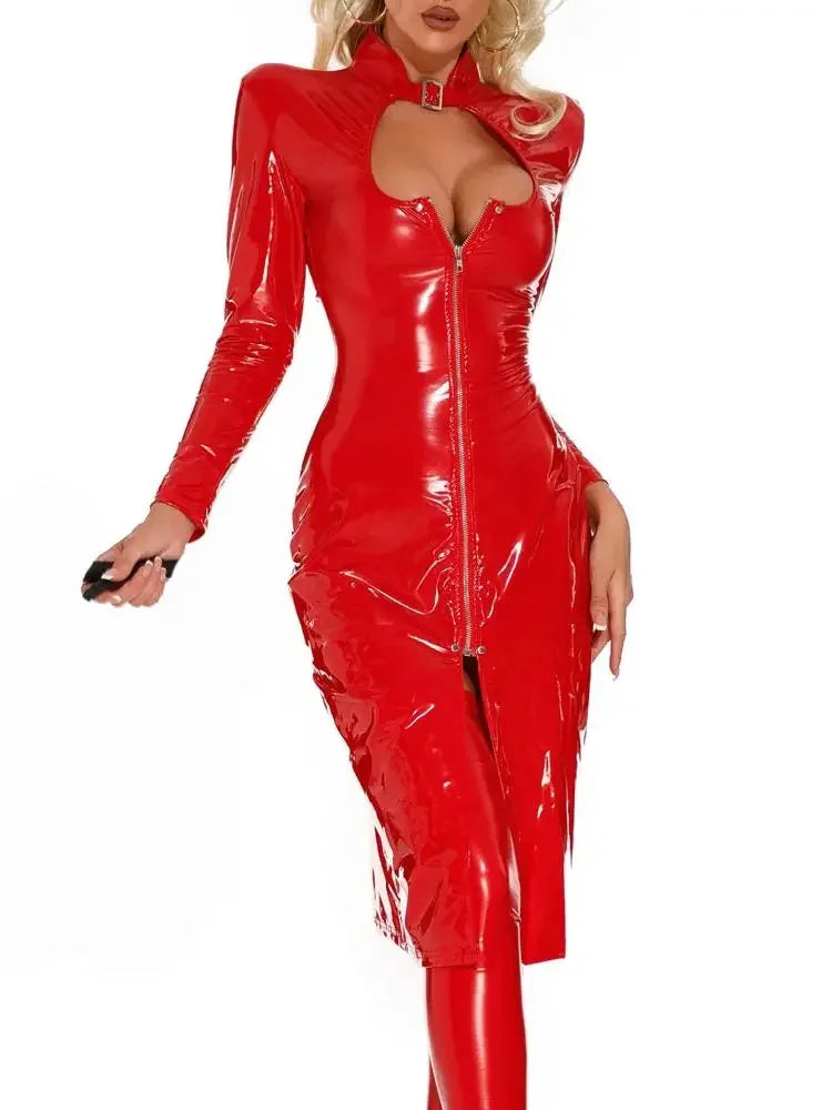 Long Sleeve Wet Look PVC Midi Dressess Hollow Out Bust Sexy Shiny PU Leather Hot Dress High Split Vestido Robe Cosplay Vestidos