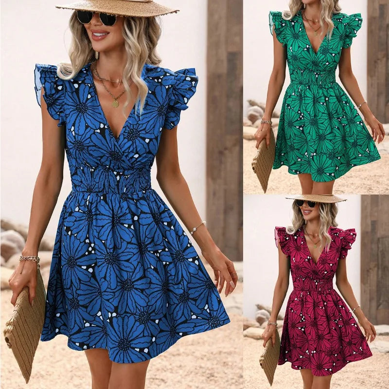 Elegant Vacation Dresses Women's V-Neck Sleeveless Chic Flower Print A-Line Dress